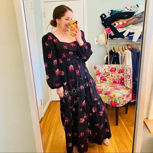 NICHOLAS Black Pink Floral Square Neck Long Balloon Sleeve Silk Maxi Dress 6 - Picture 2 of 14